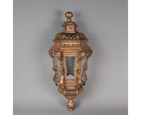 Venetian baroque lantern. Rich curved open work decorations. Metall bowd. Gilded. One door. Four original mouth blown glass w