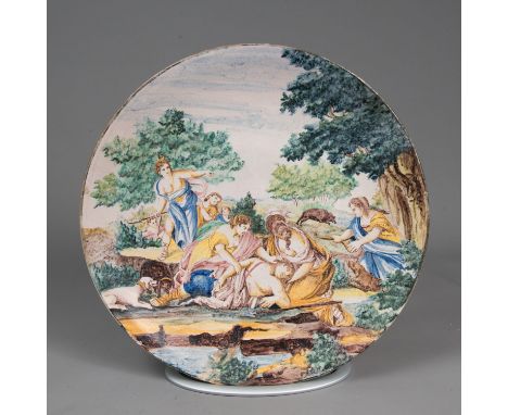 Castelli ceramic dish. Round form with deepened centre. Diana and her maidens discovering young sheperd. Painted in multi col
