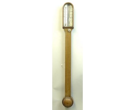 A Victorian oak cased stick barometer by Abraham & Co, 20 Lord St, Liverpool, with thermometer, 10 by 8 by 92cm. 