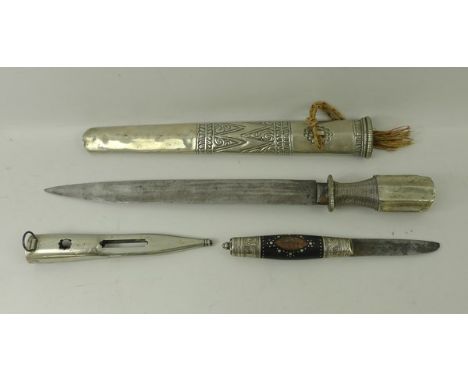 A 19th short bladed knife, with ebony grip, studded with silver and having silver pommel, banding and pierced and engraved sc