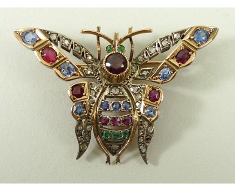 A rose gold, diamond, sapphire, ruby and emerald set brooch formed as a butterfly, with pendant loop, 10.7g.