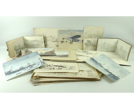 C P Smith: a 1920's - 1940's portfolio with sketch books, including aircraft, and topographical studies, pencil and wash.