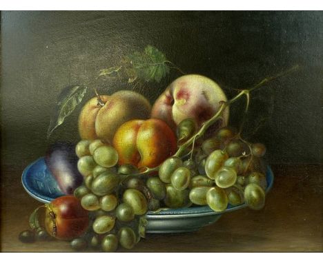 Italian School (19th century): still life of fruit in a blue and white bowl, dated 1871 lower left, oil on panel with stamp v