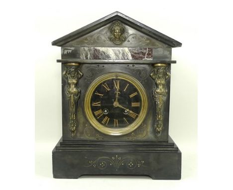 A French 19th slate and marble mantel clock, late 19th century, modelled as a Greek Temple with the pediment supported upon c