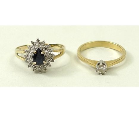 An 18ct gold, diamond and sapphire ring of teardrop form, size L, 2.2g, and and 18ct gold diamond solitaire ring, size K, 1.9