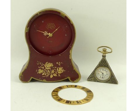 A 1950's Jaeger Petite Neuch Teloise musical alarm clock in a red painted case, together with a Masonic pocket watch of trian