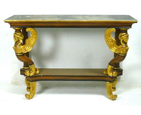 A neo-classical style side table supported by winged caryatids with a lower shelf, 120 by 43 by 86cm high.