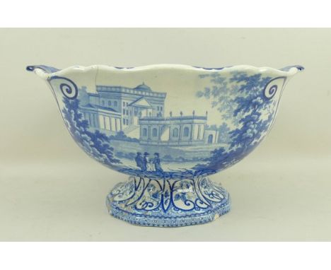 A Don Pottery blue and white pottery pedestal fruit bowl, early 19th century, transfer decorated from the Italian Landscape s