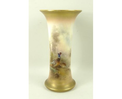 A Royal Worcester porcelain vase, circa 1919, of trumpet form decorated by James Stinton, signed, with pheasants, 18cm high.