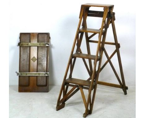 A pitch pine step ladder and a Corby trouser press, 34 by 12 by 115cm high. (2)