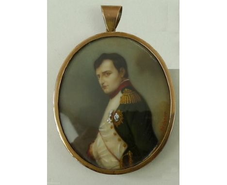 A miniature portrait of Napoleon, bears signature Pecheur lower right, in oval format, within a copper frame, possibly an ove