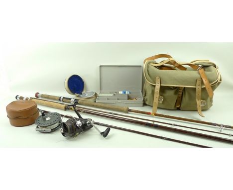 A quantity of fishing equipment including a Hardy reel 'The St John', another 'Marquis', James Aspindale rod, and a Bruce & W