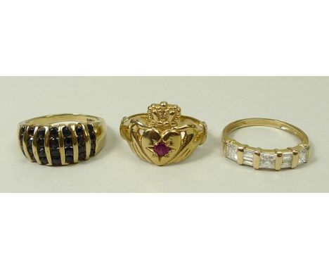 A 9ct gold and sapphire multi banded ring, size R, 9ct gold, princess and baguette cut zircon ring, size R, and a 9ct gold an