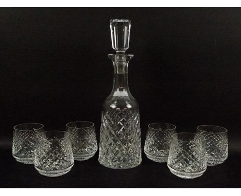 A Waterford wine decanter and stopper, and six roly poly glasses decorated in the Alana pattern. (7)