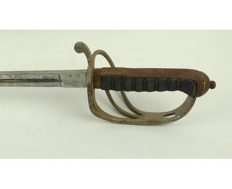 A British Military Royal Artillery dress sword with leather bound scabbard, overall length 100cm.