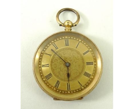 A Continental lady's 18ct gold open faced, key wind pocket watch, dial with floriate engraving, chapter ring bearing Roman nu