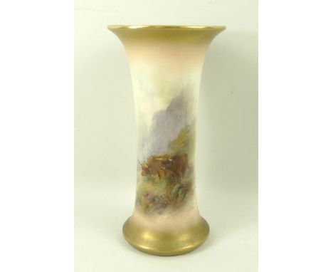 A Royal Worcester porcelain vase, circa 1919, of trumpet form decorated by James Stinton, signed, with cattle, 19cm high.