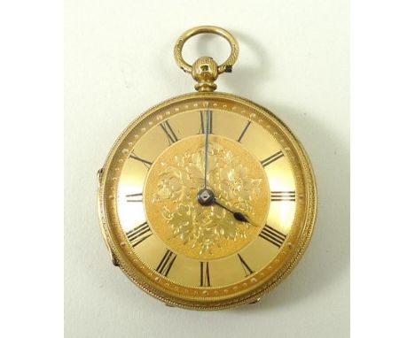 A Victorian lady's 18ct gold open faced, key wind pocket watch by Jefferson Bros, Keighley, no 3882, dial with foliate engrav