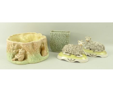 A pair of ceramic sheep, with crackle glaze bases, the wool formed of clay threads, unmarked, 9cm, a Sylvac green rectangular