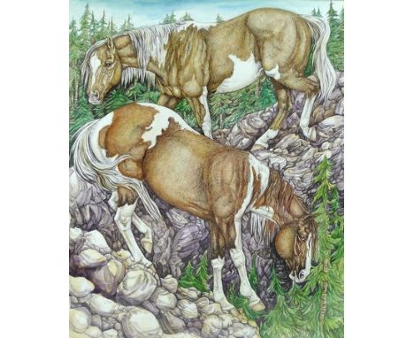 Tracy Root (20th century): horse in the sea, acrylic on canvas board 39 by 29cm, ponies on a rocky hillside, pencil and water