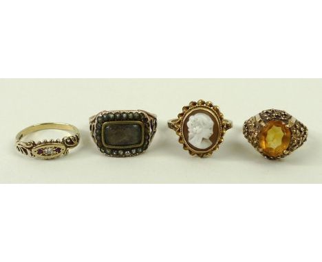 A 9ct gold cameo ring, size N, 1950's gold, diamond and ruby ring, size K, citron and gold ring, size L, and a Victorian mour