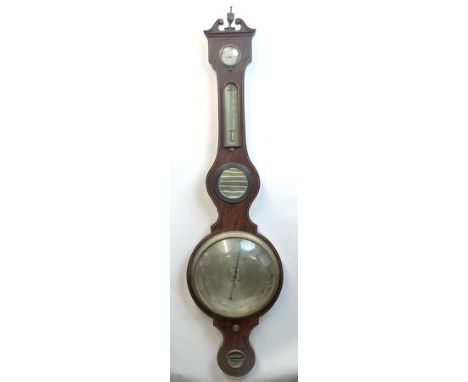A George III mahogany and line inlaid wheel barometer, mercury tube, with thermometer, signed Puzzighalia (?), Chichester, Wa