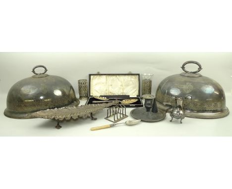 A pair of Victorian silver plated meat domes engraved with armorials, a pair of boxed berry spoons, an early 20th century sal