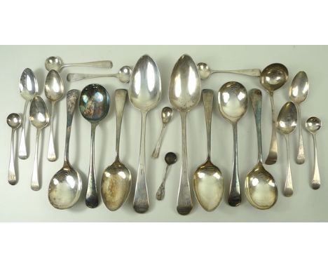 A quantity of George III silver spoons, mostly Old English Pattern, comprising two serving spoons, William Seaman, London 181