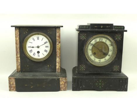 An Edwardian slate and marble mantle clock, enamelled dial bearing Roman numerals, 25 by 22 by 13cm, and another similar with
