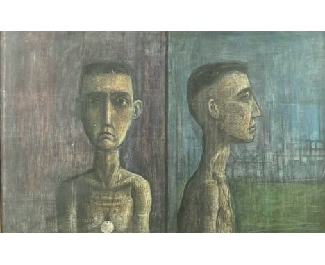 Tim Holliday (20th century): portrait of a young man in three poses, acrylic on canvas, unsigned, 48 by 75cm.
