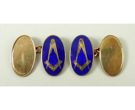 A pair of 9ct gold and blue enamel Masonic double oval and chain link cufflinks bearing the compass and set square, Nathan Br