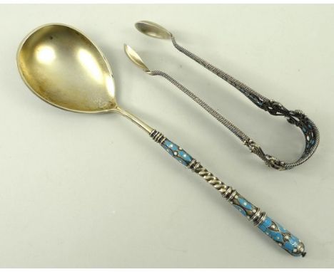 A Marius Hammer, white metal spoon with white and blue plique-a-jour enamel foliate scroll decoration, stamped MH800, 17cm lo