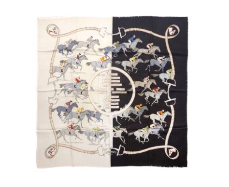 HERMES Paris, créé en 1951. Carré 'Les Courses - Turf'Dessinateur: Hugo GrygkarEn soie imprimée, sur fon noir, blanc. (rolott