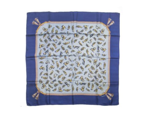HERMES Paris, créé en 1946. Rare carré 'Flon-Flon'Dessinateur: Hugo GrygkarSoie imprimée, marge bleu marine.90 x 90 cm Biblio