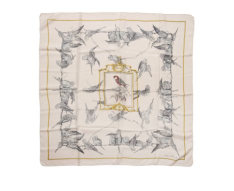 HERMES Paris, créé en 1958. Carré 'Les Perruches'Dessinateur: Xavier de PoretEn soie imprimée et titrée, sur fond rose pâle. 