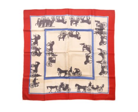 HERMES Paris, créé en 1941. Rare carré 'Ombres Chinoises'Dessinateur: Charles PittnerEn étamine de laine imprimée, marge roug