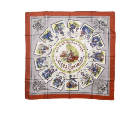 HERMES Paris, créé en 1947. Carré 'Fleurs Animées'Dessinateur: Hugo GrygkarEn soie imprimée et titrée, marge brique.90 x 90 c