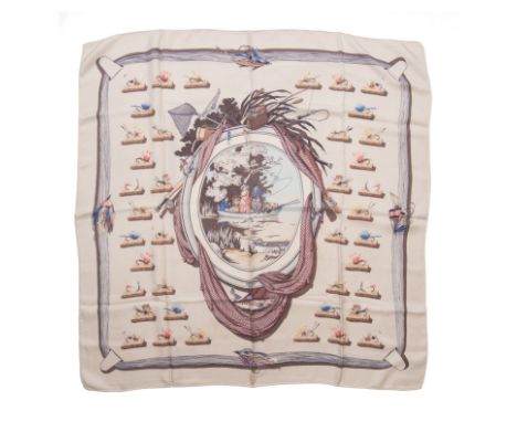 HERMES Paris, créé en 1952. Carré 'Pêche à la ligne'Dessinateur: Hugo GrygkarSoie imprimée, fond écru.90 x 90 cm Bibliographi