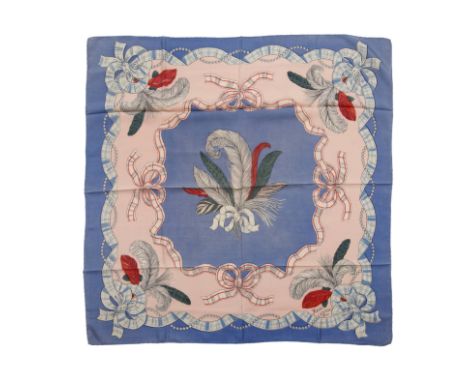 HERMES Paris, créé en 1943. Carré 'Panaches'Dessinateur: Charles PittnerEn soie imprimée, marge bleue. (décolorations)75 x 75