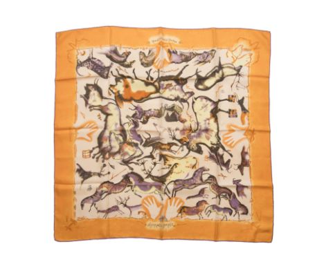 HERMES Paris, créé en 2002. Carré 'Premières Mains'Dessinateur: Zoé PauwelsEn soie imprimée et titrée, marge orange.90 x 90 c