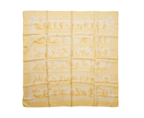 HERMES Paris, créé en 1965. Carré 'Chérubins-Dentelles'Dessinateur: Marie-Françoise Héron En soie imprimée, fond jaune.90 x 9