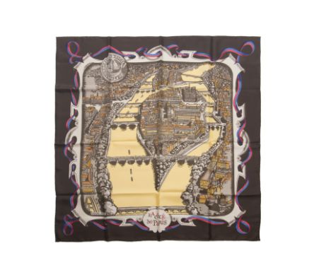 HERMES Paris, crée en 1961. Carré 'La Cité de Paris'Dessinateur: Pierre PéronSoie imprimée et titrée, marge café.90 x 90 cm B