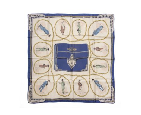 HERMES Paris, créé en 1955. Carré 'Banquier'Dessinateur: Hugo GrygkarEn soie imprimée, marge bleue. (fils tirés, restauration