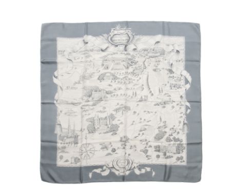 HERMES Paris, crée en 1952. Carré 'Chemins de l'Ile de France'Dessinateur inconnuSoie imprimée et titrée, marge grise.90 x 90