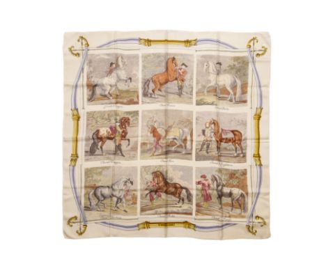 HERMES Paris, créé en 1955. Carré 'Races de Chevaux'Dessinateur: Hugo GrygkarEn soie imprimée, marge écru. (tâches)90 x 90 cm