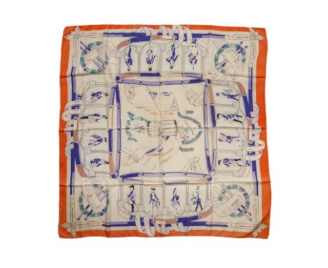 HERMES Paris, créé en 1945. Carré 'Les Tambours'.Dessinateur: Hugo GrygkarSoie imprimée, marge rose.(légères traces)90 x 90 c
