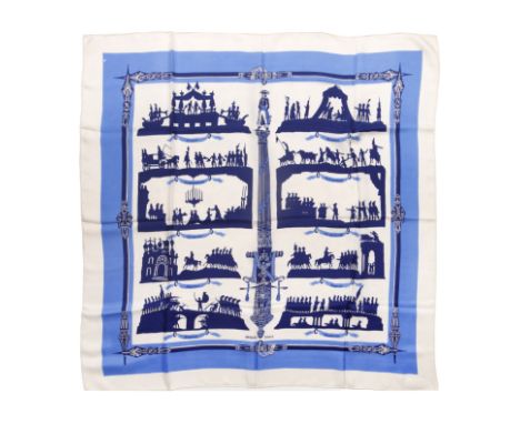 HERMES Paris, créé en 1949. Carré 'Victoire B'Dessinateur: Hugo GrygkarEn soie imprimée, marge blanche. (petit trou)90 x 90 c