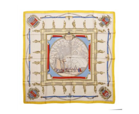 HERMES Paris, créé en 1956. Carré 'Bordeaux 1755'Dessinateur inconnu.En soie imprimée et titrée, marge jaune. (petites tâches