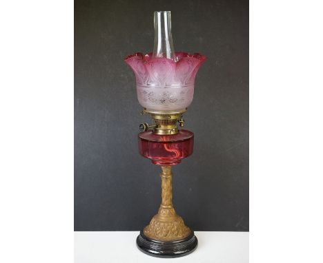 Late 19th / early 20th century cranberry glass &amp; brass oil lamp, with etched frosted cranberry glass shade, faceted cranb