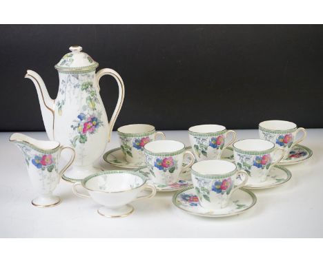 Art Deco Royal Doulton coffee service, comprising coffee pot and cover, milk jug, twin-handled sugar bowl and six cups and sa